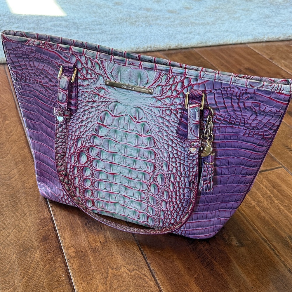 Brahmin Purple and Green Croc-Embossed Tote